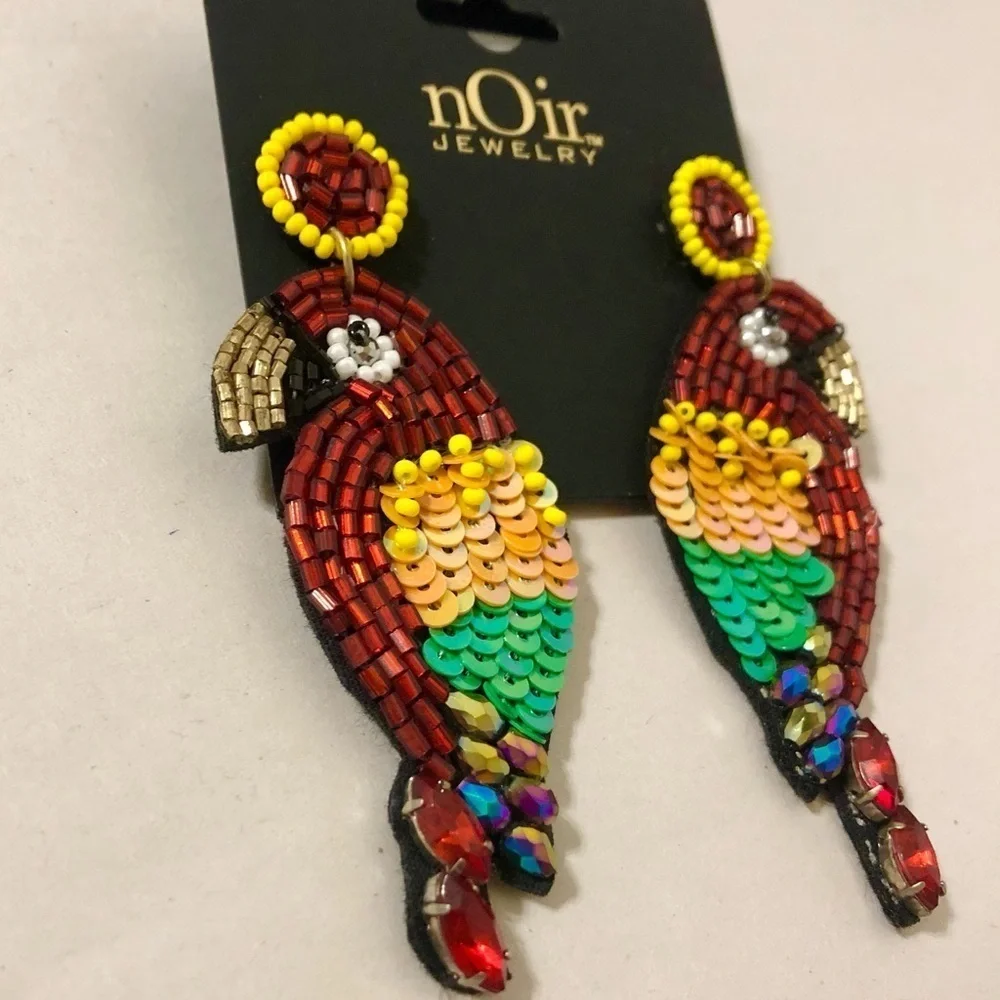 New Noir Parakeet Bird Beaded Sequin Bejewel Earrings